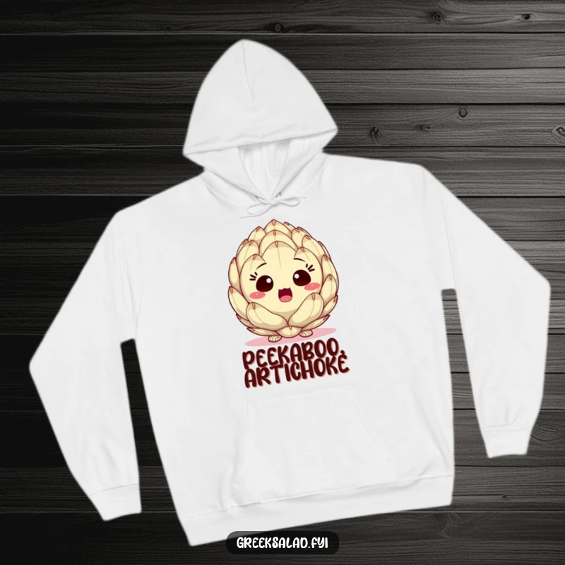 Funny hoodie featuring a startled artichoke heart peeking, offering cozy comfort with a delightful dose of vegetable humor.
