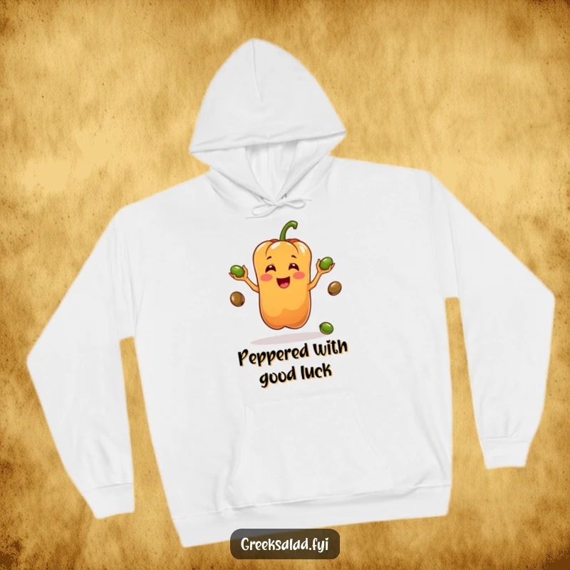 Funny hoodie depicting a bell pepper character demonstrating its juggling prowess with a selection of olives, exuding playful energy.