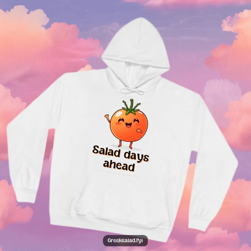Funny Hoodie: Cheerful tomato with tiny legs cheering with a cucumber, perfect for cozy and happy moments.