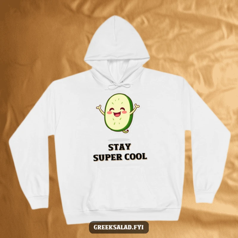 Funny hoodie showcasing an animated cucumber slice with a wide smile, captured mid-air during an enthusiastic happy jump, perfect for casual wear.
