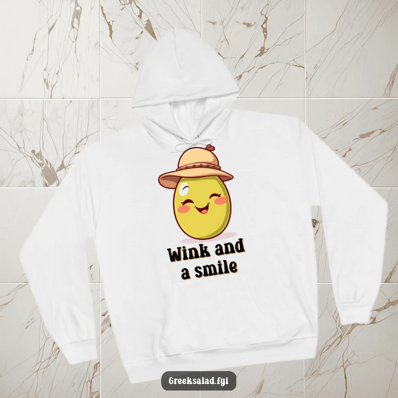 Funny hoodie featuring a cheerful olive character with a jaunty hat and a mischievous wink, perfect for casual, witty wear.