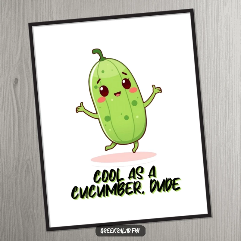 Funny Free Printable Wall Art: A green cucumber character energetically dancing with a wide, happy grin.