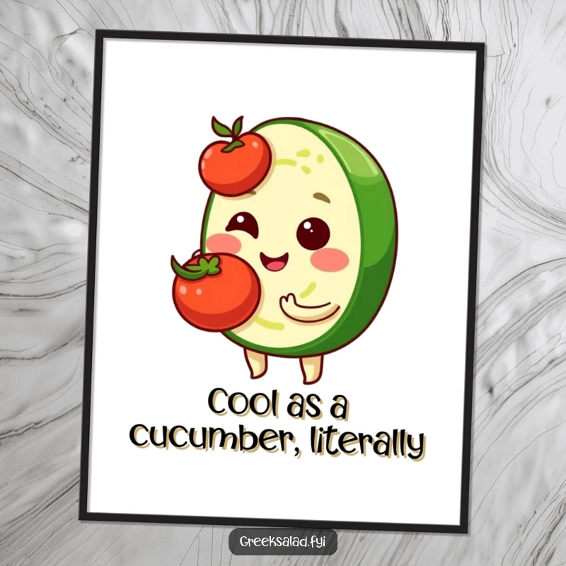 Funny Free Printable Wall Art: Shy cucumber slice with a cherry tomato, a humorous and charming digital art piece.