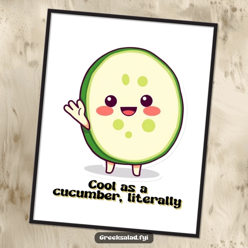 Funny Free Printable Wall Art: A cheerful cucumber slice character doing a happy wave, perfect for DIY.