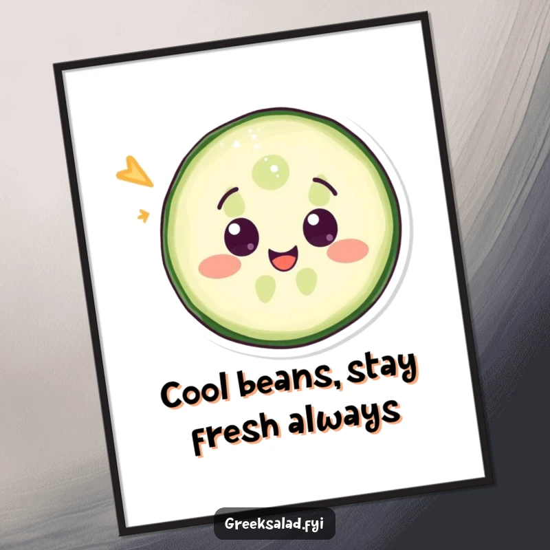 Funny Free Printable Wall Art: A delighted cucumber slice winks adorably, adding a humorous touch to any room.