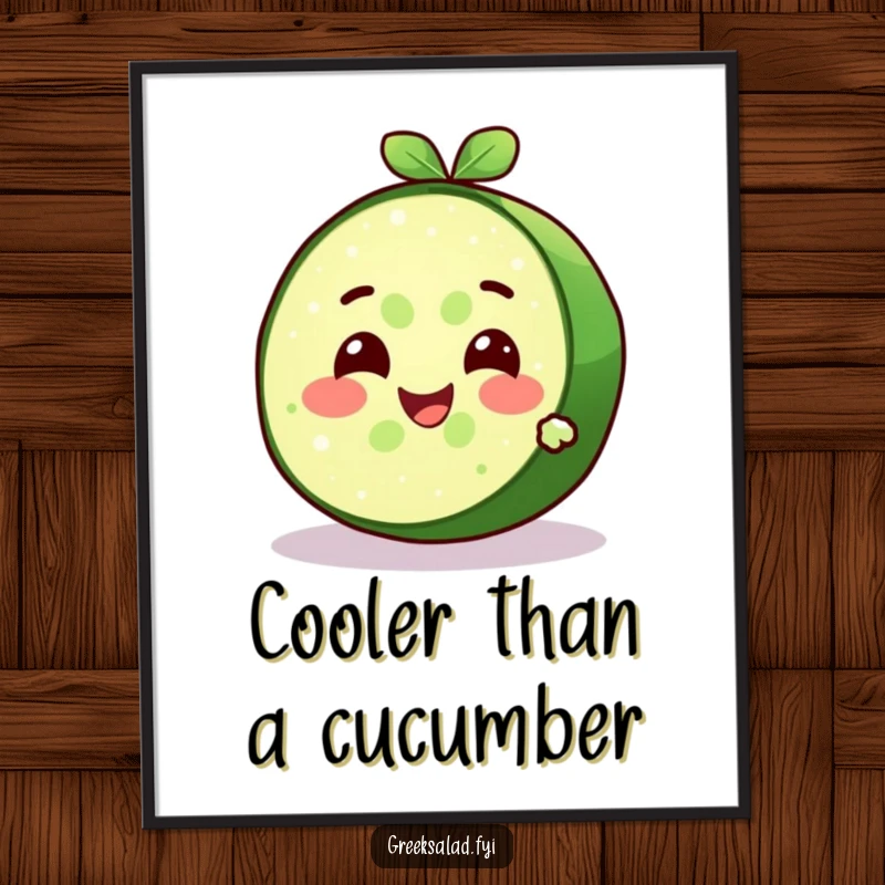 Funny Free Printable Wall Art: Delighted cucumber slice character with a cool, refreshing smile, serene decor.