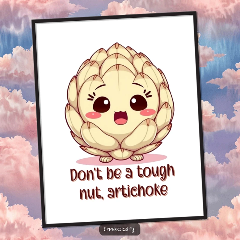 Funny Free Printable wall art: An artichoke heart with wide, surprised eyes peeking out from the bottom. Adds a humorous touch to any wall.
