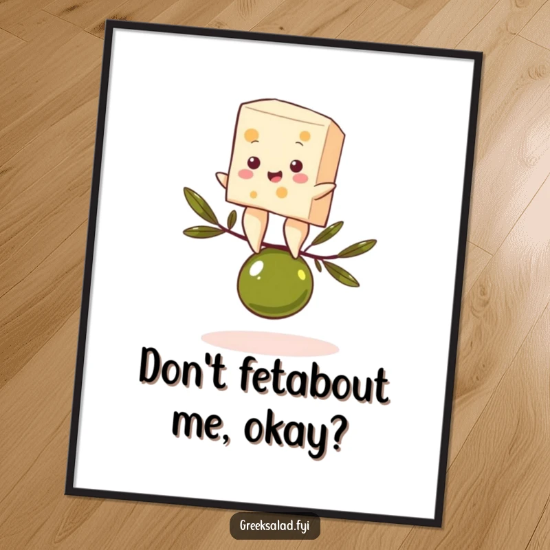 Funny Free Printable Wall Art: Feta Cheese Comically Balancing on an Olive, Humorous, Quirky, Playful Decor