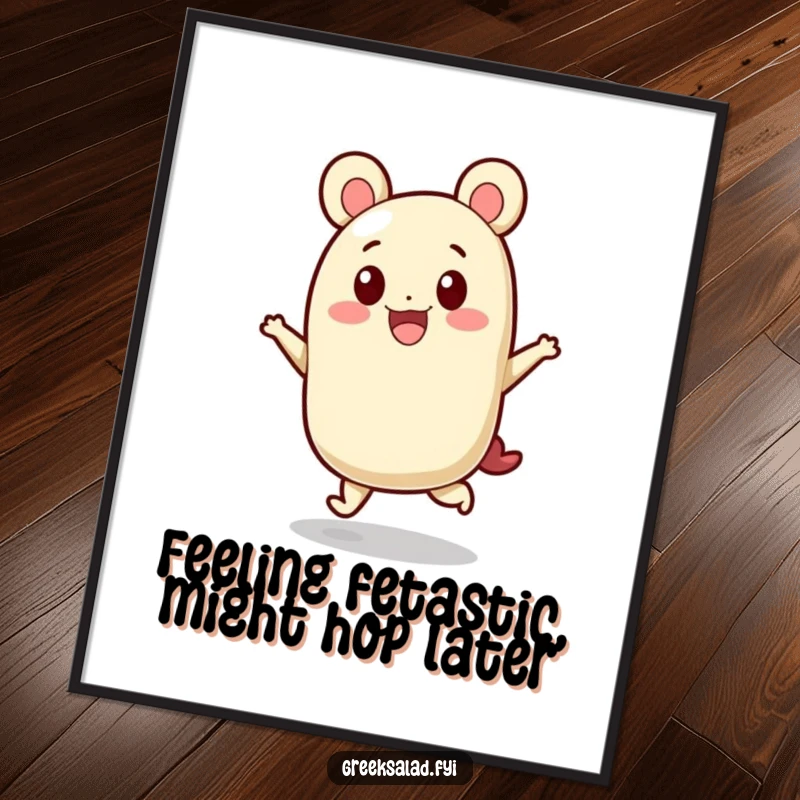 Funny Free Printable Wall Art: Feta cheese character doing a joyful hop, adding a touch of whimsy to any room.