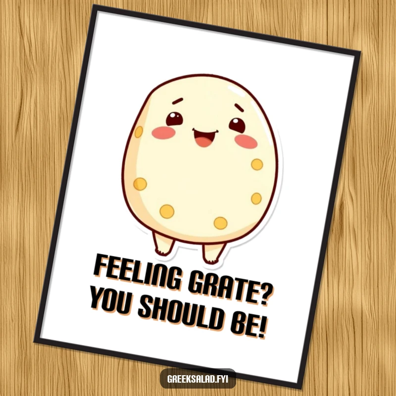 Funny Free Printable Wall Art: A delighted feta cheese character beaming with pride, great for DIY.