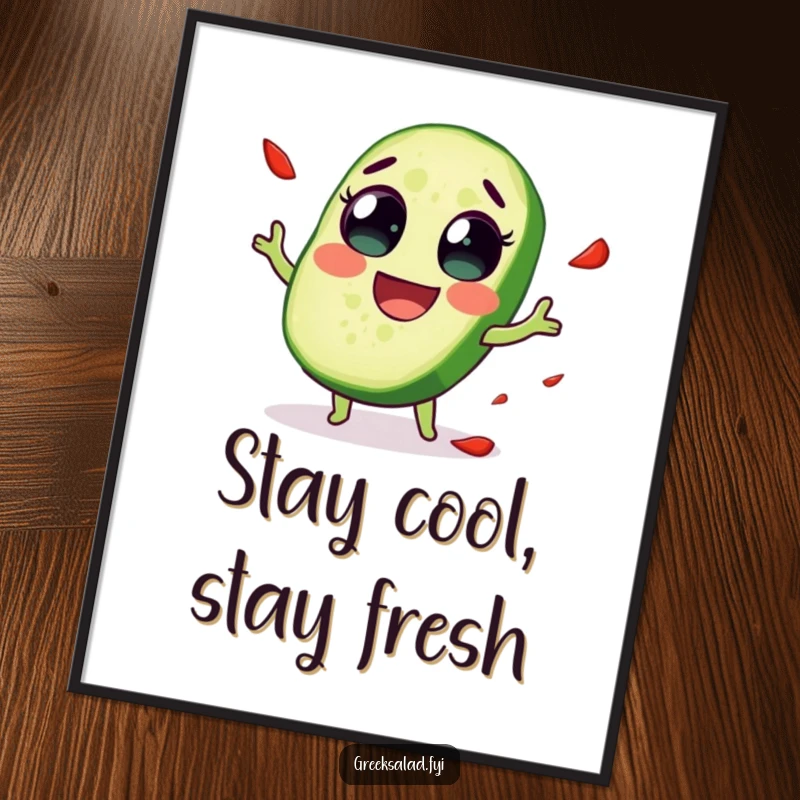 Funny Free Printable cucumber wall art, a delighted slice with wide eyes juggling red pepper flakes, adding quirky, cool humor.