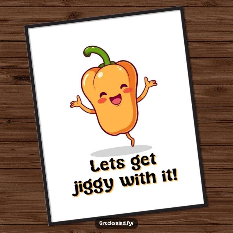 Funny free printable wall art of a happy bell pepper character performing an energetic jig with a confident flourish.