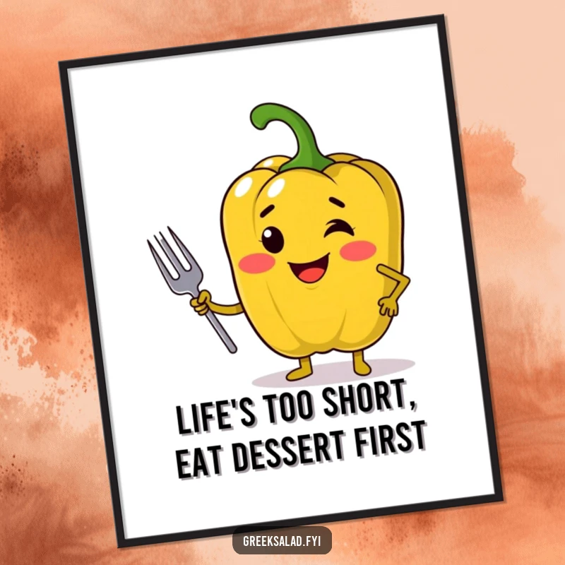 Funny Free Printable Wall Art: Jolly bell pepper striking a confident pose while holding a mini fork.