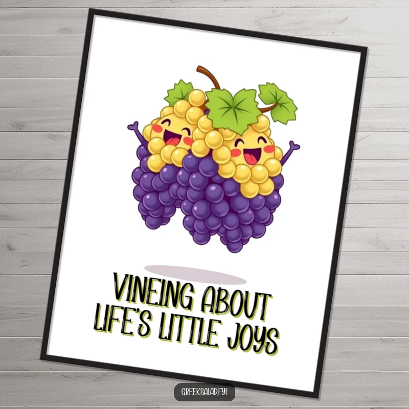 Funny Free Printable Wall Art: Delighted bunch of grapes captured mid-jump in a hilarious synchronized move.