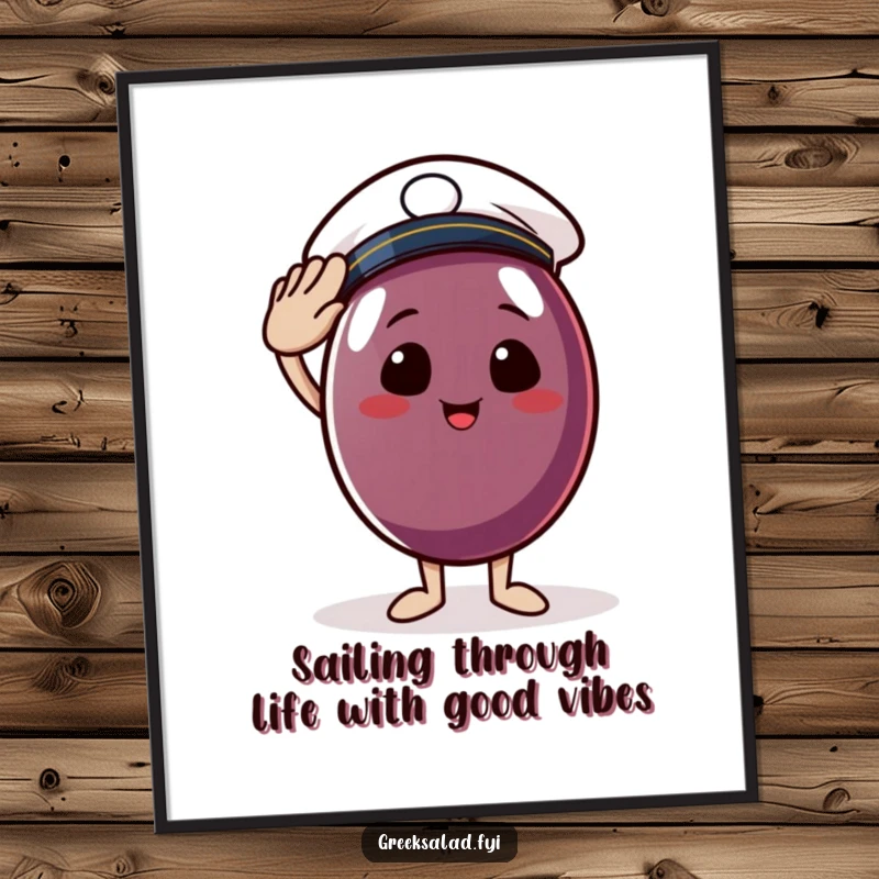 Funny Free Printable Wall Art: Cheerful Kalamata olive in a tiny sailor hat, giving a confident salute.