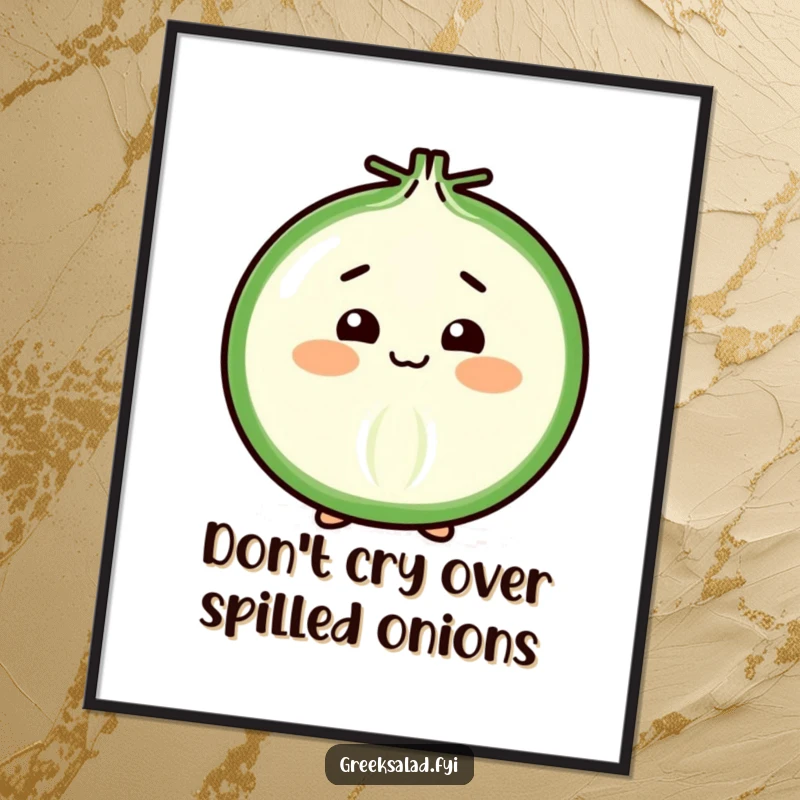 Funny Free Printable Wall Art featuring a cheerful onion slice doing a shy, polite bow, adding a humorous touch to any room.