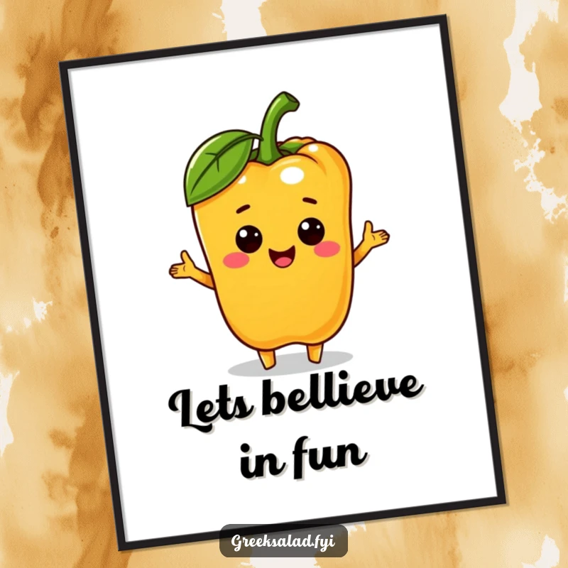 Funny Free Printable Wall Art: A smiling bell pepper character offering a single mini olive.