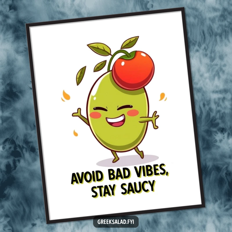 Funny Free Printable Wall Art: Olive character with a mischievous grin dodging a rogue flying tomato, humorous decor.