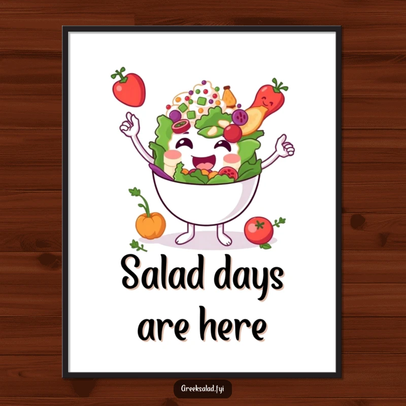 Funny Free Printable Wall Art: A smiling Greek salad bowl character balancing mini tomatoes and olives.
