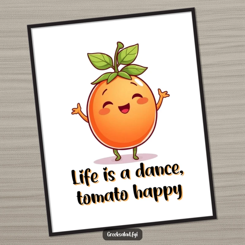 Funny Free Printable Tomato Wall Art: A smiling tomato doing a playful dance, wearing a leaf as a hat, for cheerful decor.
