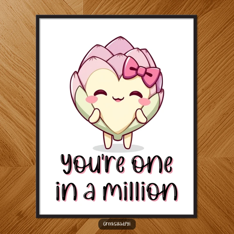 Funny free printable wall art: A delighted artichoke heart character performing an elegant bow, adding a touch of dapper humor.