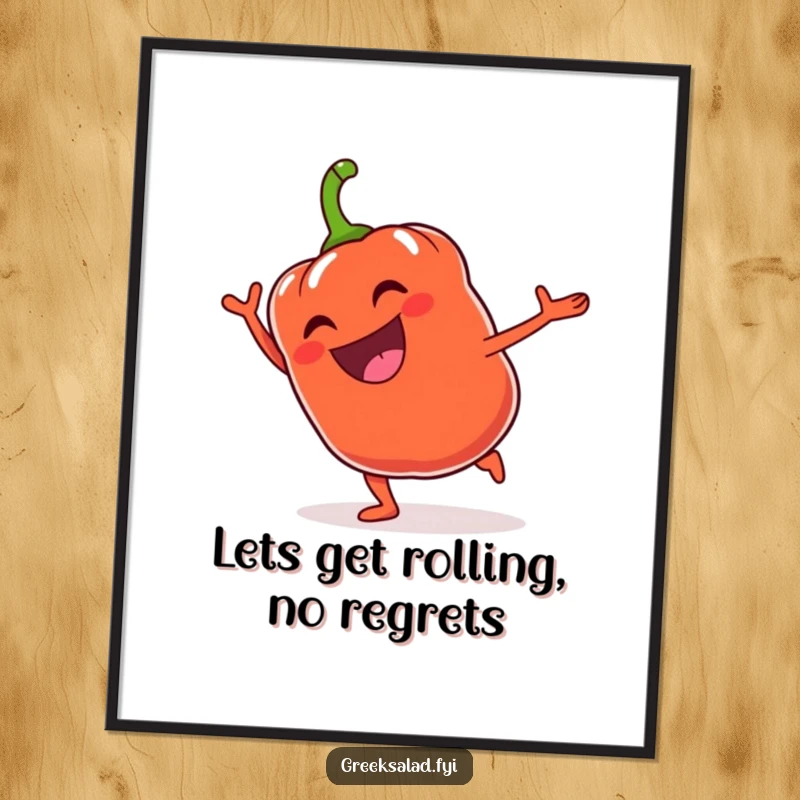 Funny Free Printable Wall Art: Jubilant bell pepper doing a cartwheel with a wide grin, radiating fun.