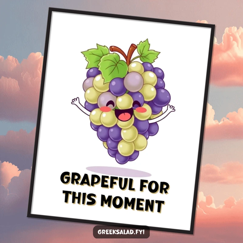 Funny Free Printable Wall Art: A delighted bunch of grapes bounces with infectious enthusiasm, creating a lively scene.