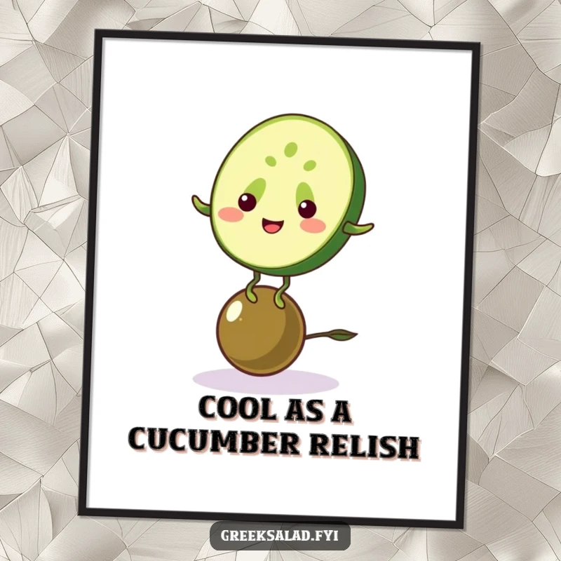 Funny Free Printable Wall Art featuring a grinning cucumber balancing on an olive, a whimsical and humorous piece.