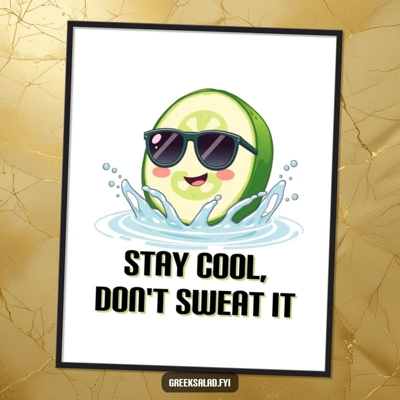 Funny Free Printable Wall Art: Cucumber slice in sunglasses splashing water, embodying cool and playful vibes.