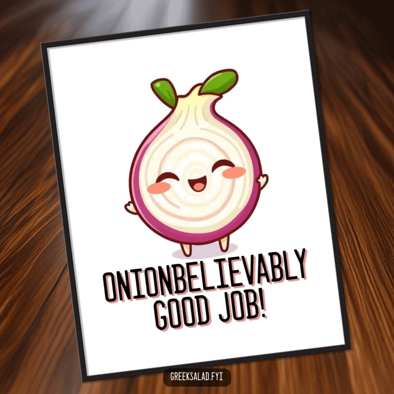 Funny Free Printable Wall Art: A giggling red onion slice character doing a playful spin, great for DIY.