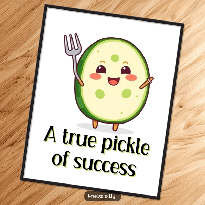 Funny Free Printable Wall Art: A joyful cucumber slice grins and waves a tiny fork, bringing foodie fun.