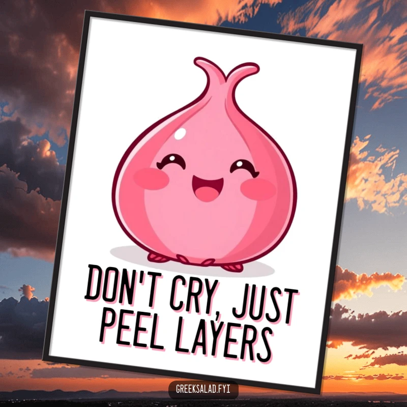 Funny Free Printable Wall Art: A happy red onion peeks out with a smile, bringing kitchen humor to your decor.