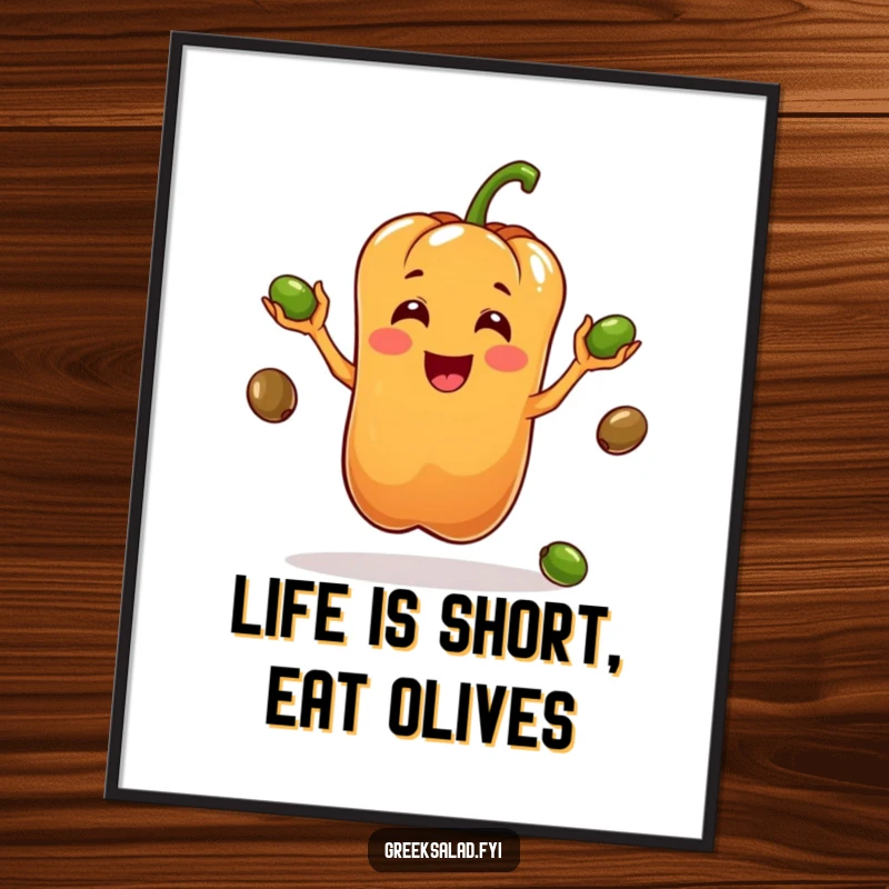Funny Free Printable Wall Art: A bell pepper character masterfully juggling olives, vibrant downloadable art for a fun kitchen or dining area.