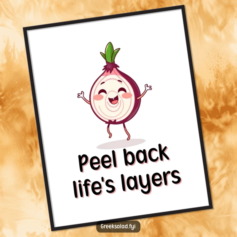 Funny Free Printable Wall Art: Happy onion slice doing a jig with a gleeful look and dancing motion.