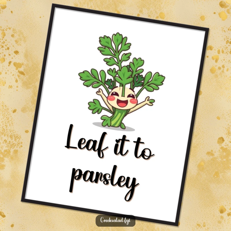 Funny Free Printable Wall Art: A happy parsley sprig performs a somersault, bringing a whimsical, cheerful vibe.