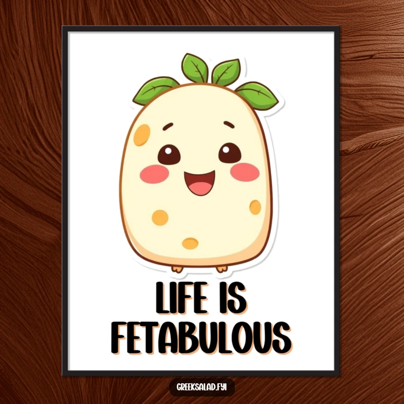 Funny Free Printable Wall Art: A smiling block of feta cheese, rendered in a charming cartoon style for playful decor.