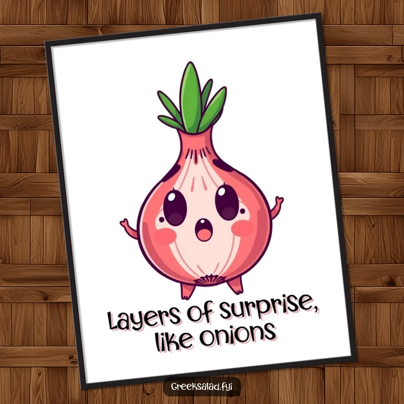Funny Free Printable Wall Art: Red onion with a surprised look and expanding rings, a humorous and eye-catching digital print.