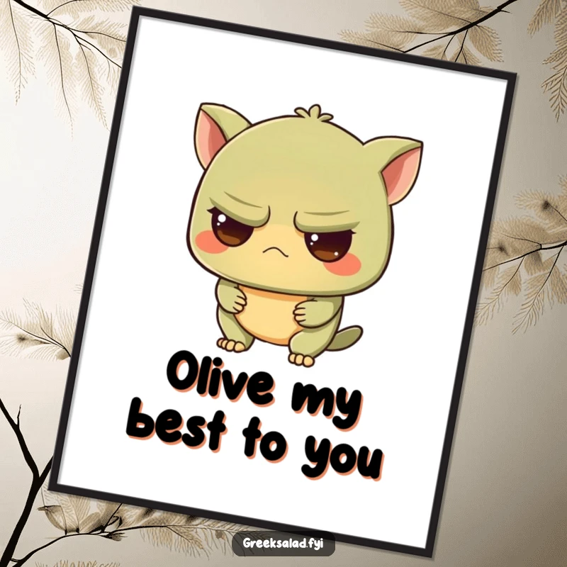 Funny Free Printable Wall Art depicting a grumpy olive with an unexpectedly intrigued expression, adding a touch of dry humor to any space.