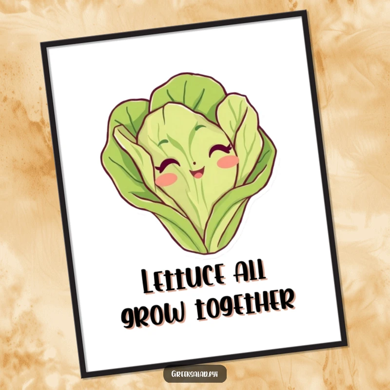 Funny Free Printable Wall Art depicting a charming lettuce leaf character playfully peeking over an imaginary edge, adding whimsical decor.