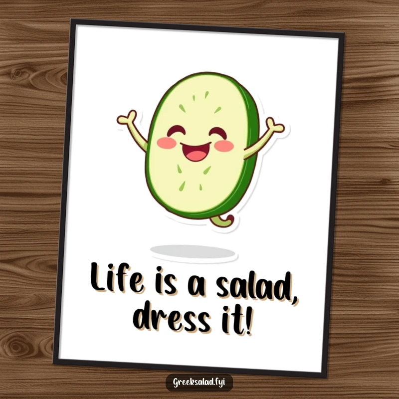 Funny free printable wall art of a smiling cucumber slice energetically jumping with pure delight and humor.