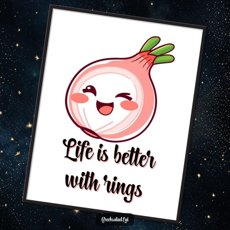 Funny Free Printable Wall Art featuring a smiling red onion ring winking playfully, adding a humorous and stylish accent to your decor.