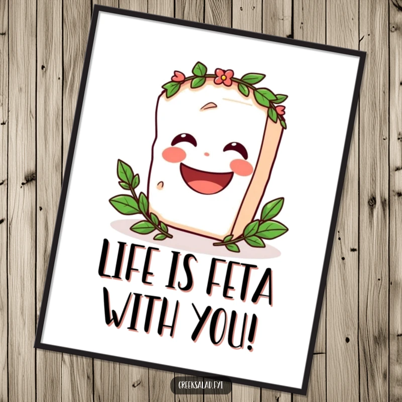 Funny Free Printable Wall Art: A laughing feta block wearing a tiny laurel wreath spins with comedic flair, perfect for decor.