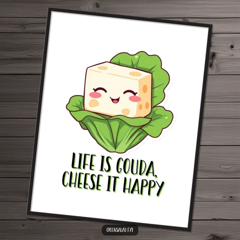 Funny Free Printable Wall Art of a happy feta cheese block giving a charming wink from atop a lettuce leaf.