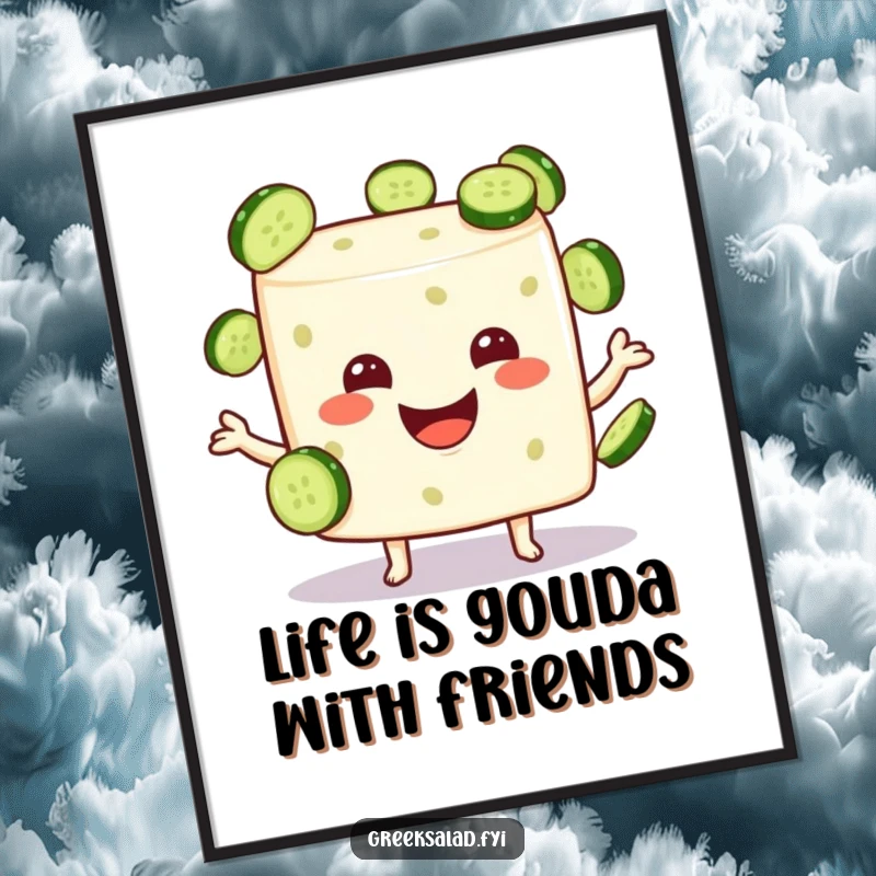 Funny free printable wall art: A cheerful feta cheese cube masterfully juggling small cucumber slices, adding a playful touch.