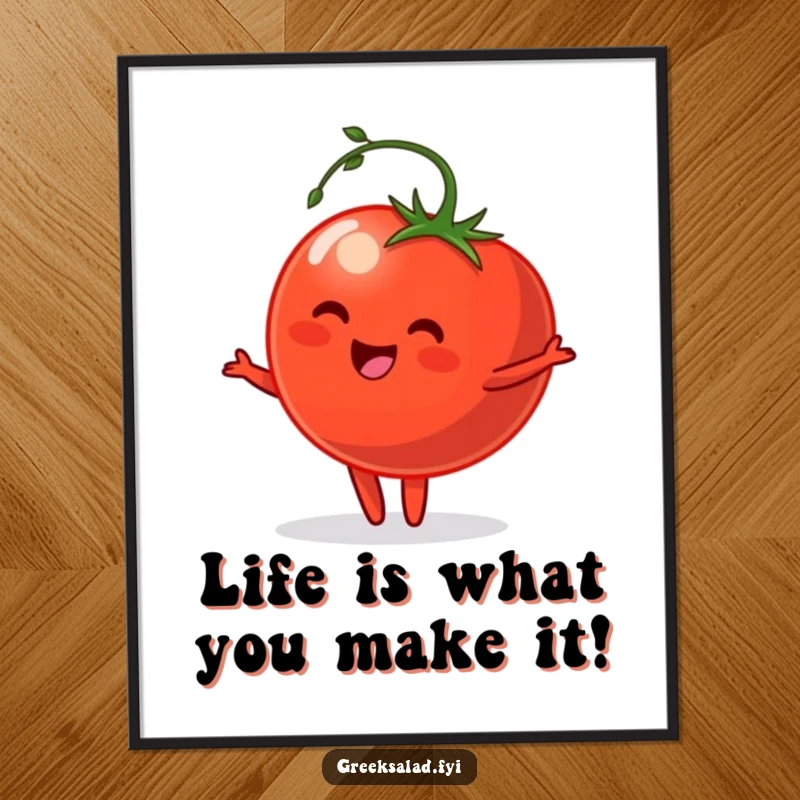 Funny Free Printable Wall Art: A happy tomato with a stem performing a gentle pirouette, adding whimsical humor to wall decor.