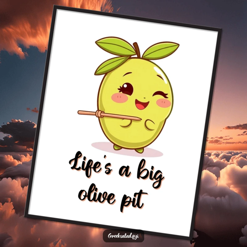 Funny Free Printable olive wall art, a happy olive winking and balancing a toothpick, adding a touch of cool, quirky humor.