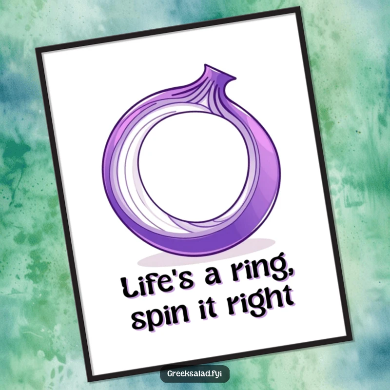 Funny Free Printable Wall Art depicting a playful purple onion ring elegantly spinning on its edge, adding a whimsical touch.