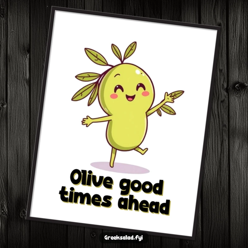 Funny Free Printable Wall Art: A smiling olive character dancing playfully, adding a quirky and fun element to decor.