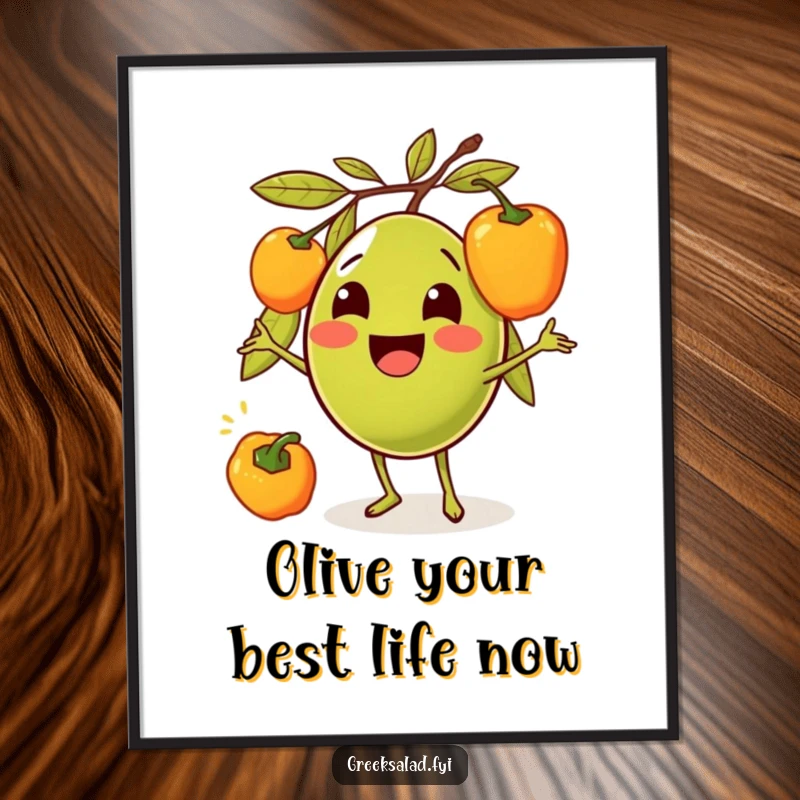 Funny Free Printable Wall Art of a delighted olive having fun juggling colorful bell peppers with a huge smile.