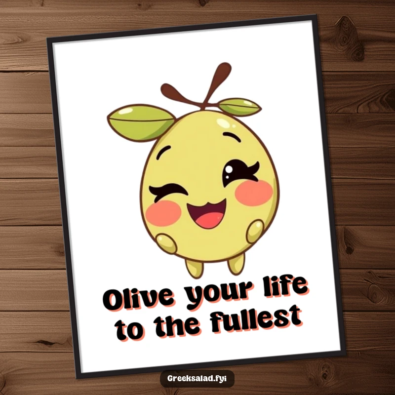 Funny Free Printable Wall Art: A smiling olive character with its pit winks playfully, adding a touch of humor.
